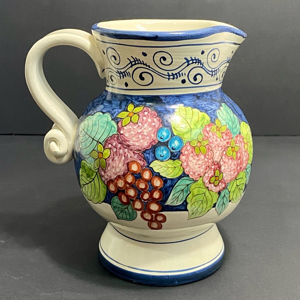 Vintage Italian Ceramic Pottery Pitcher Jug Hand Painted Floral Fruit Decorative